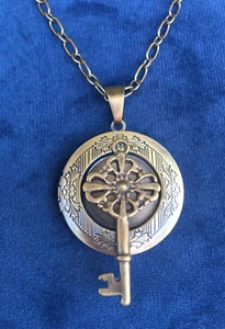 Skeleton Key Locket Necklace, Antiqued Bronze Plated, Pillbox Stash Pendant - Picture 1 of 9