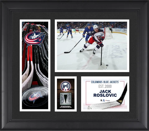 Jack Roslovic Columbus Blue Jackets FRMD 15x17 Collage with a Piece of GU Puck Cover