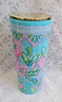 Vaso LILLY PULITZER "Totally Blossom" acrílico floral, tapa dorada Foto 1 de 4