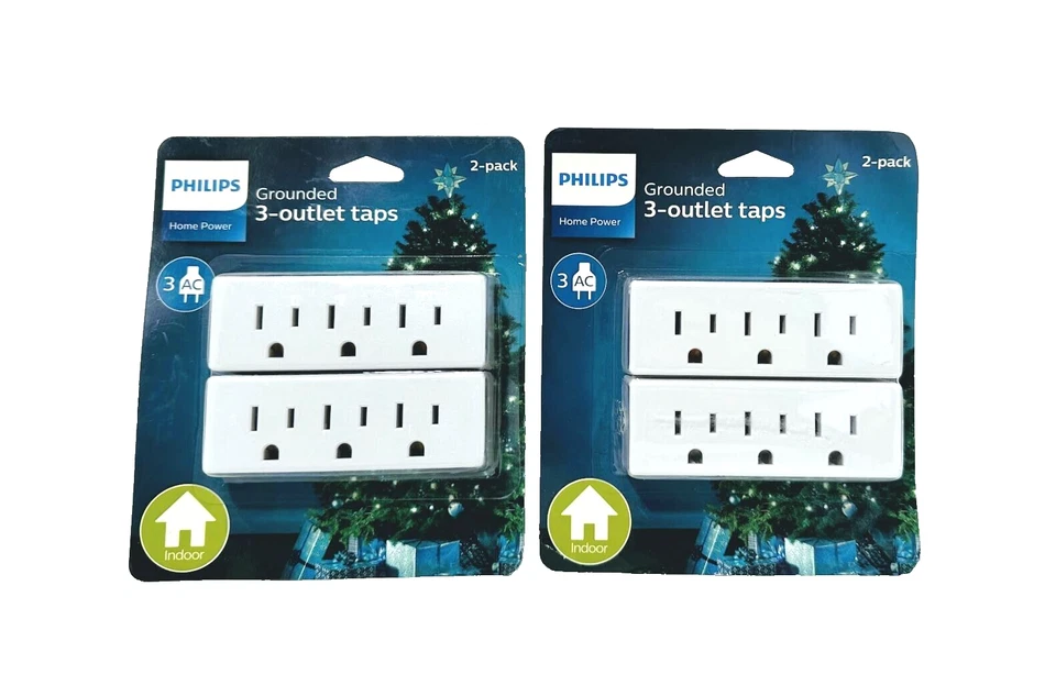 Philips 3 Outlet Adapter 2 Pack Power Outlet Strip Grounded Wall Tap Indoor 2PK - Image 1 of 3