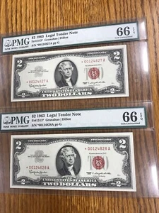 PAIR$ 2 Star TWO Dollar 1963 Red Seal 1963 PMG 66 Uncirculated EPQ * Fr#1513* - Picture 1 of 3