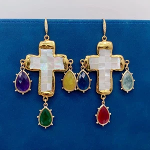 White Shell Crucifix 11x17mm Jade Dangle Drop Earrings Handmade Jewelry - Picture 1 of 6
