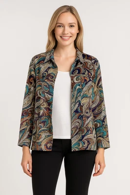 Chaqueta Chico's Talla Extra Grande Cachemira Verde Marrón Manga Larga Boho Maximalista Foto 1 de 4