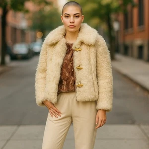 Vintage Tibor Fur Curly Lamb Suede Leather Trim Jacket Cream Womens Small 70s - Picture 1 of 14