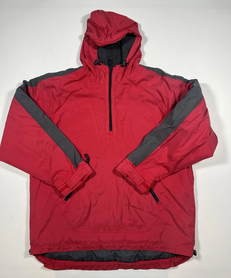 GAP Jacket Mens Large Red Gray Hooded Anorak Pullover Fleece Lined Half Zip - Image 1 of 4