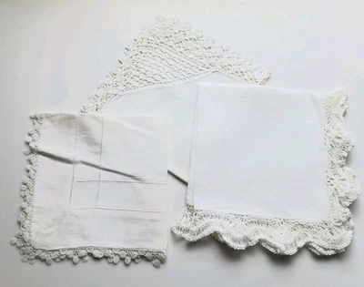 Lot Of 3 Vintage Handkerchief White With Crochet Trim   #23 - Image 1 of 4