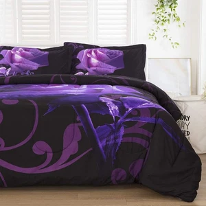 Trapuntino viola set completo reversibile viola motivo rosa biancheria da letto piumone con... - Foto 1 di 7