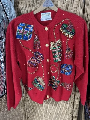 Cárdigan de Navidad Marisa Christina tejido feo suéter vacaciones grande 1994 lentejuelas Foto 1 de 4