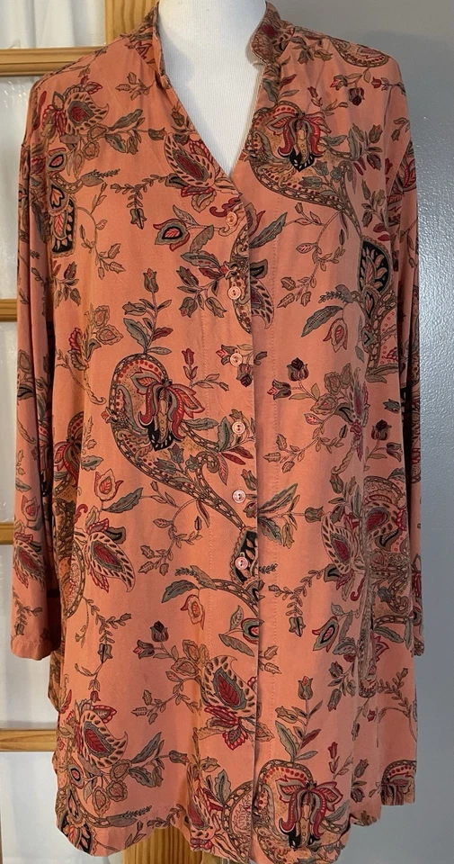 80s Tianello Dyed Floral Jacket Blouse Womans 1X Button Up Orange USA Made Boho - Image 1 of 4