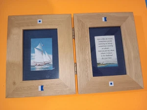 Wooden Hinged Double Picture Frame Folding Tabletop 2 Opening Blue Mat Rustic - Picture 1 of 2