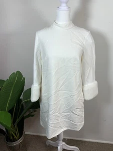 French Connection Winter White Daisy Whisper Fur Trim Dress, Size XS - Picture 1 of 10