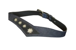 Vintage Trachten Dirndl Blue Suede Leather Eidelweiss Flower Blossoms Belt 39" - Picture 1 of 10