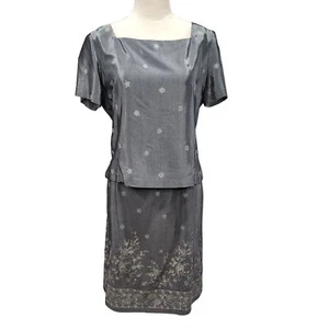 Laura Scott 2-teiliges graues Blumenmuster quadratischer Ausschnitt Sommer Kirche Rock Set Damengröße 8/10 - Bild 1 von 12