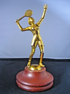 Vintage hand made brass female tennis player figurine on wood stand - Picture 1 of 10