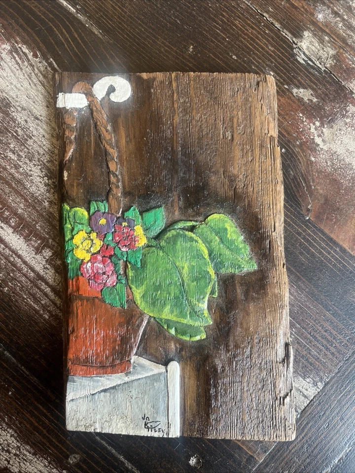 Plant Flowers Hand Carved And Painted Art Signed Charming Shelf Sitter 8.5” - Image 1 of 4