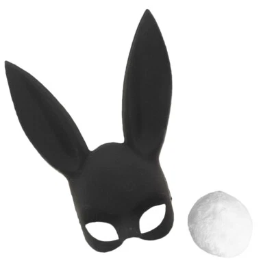 Adult Deluxe Sexy Black Bunny Half Mask with White Tail Set - Image 1 of 4