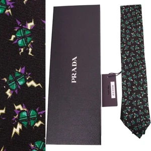 NEW $395 PRADA Men's Frankenstein LOGO HEART LIGHTNING BOLTS Black Silk 7cm TIE - Picture 1 of 12