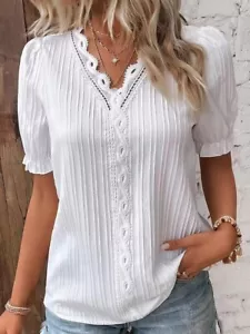 Plus Size Women’s V-Neck Lace Shirt Blouse Casual Short Sleeve(210) - Picture 1 of 14