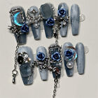 Coffin Luxury Handmade Press On Nails Blue Rose Metallic Tips For Nail Art 10Pcs