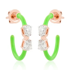 Lab Grown CVD Diamond Half Hoop Earrings Gift Green Enamel 18k Rose Solid Gold - Picture 1 of 8