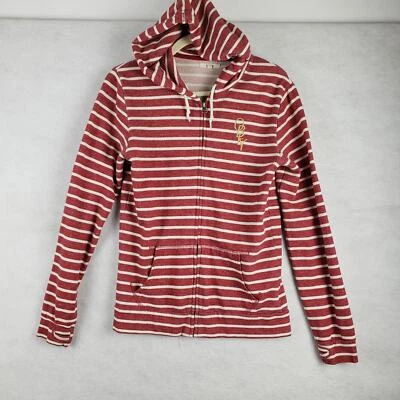 Obey S Full Zip Cotton Terry Hoodie Red White Stripe Distressed Beachy Nautical - Image 1 of 4