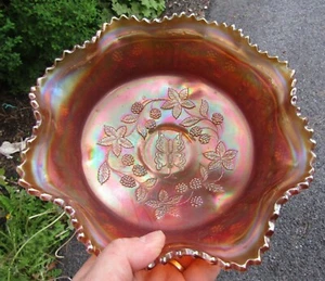 Vtg Fenton Crimped Butterfly and Berry Marigold Carnival Glass Footed Bowl ~ 9" - Picture 1 of 6