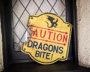 Caution Dragons Bite Solid Wood and Paint Magical Wizards School Creation - Picture 1 of 9