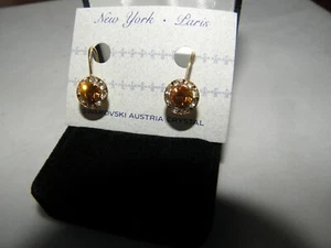 AMBER EARRINGS AUSTRIAN CRYSTAL DANGLE DROP GOLD TONE NEW FLB - Picture 1 of 6