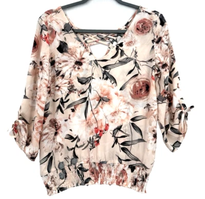 New York & Co Mujer Melocotón y Flores Mangas de Corbata 3/4 Banda Elástica Dobladillo XS Usado Foto 1 de 4