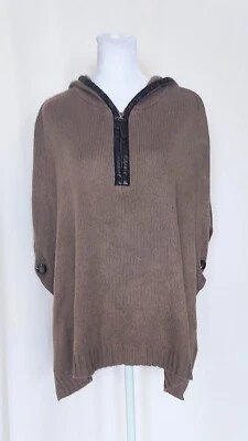 The Limited Size XS/S Poncho Tunic Sweater Trim Knit Side Button Hooded Brown - Image 1 of 4