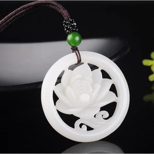 Fashion White Jade Hollow Flower Pendant Necklace Jewellery Chinese Hand-Carved - Picture 1 of 3