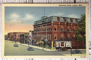 Cartolina di lino Lapeer Michigan Nepessing Street Old Cars 1938 - Foto 1 di 2