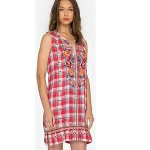 Johnny Was Nadia Peasant Tank Dress Plaid Embroidered Boho Sleeveless size Large - Picture 1 of 10
