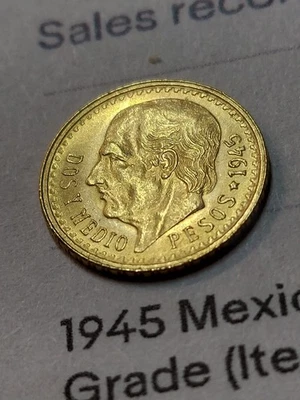 ORO FINO MÉXICO 1945 ALTA CALIDAD SIN CIRCULAR .900 PESOS 2.5.0603 oz./2.1 gr. Foto 1 de 2