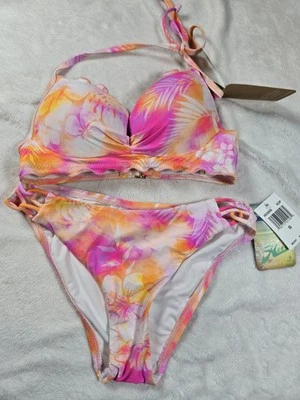 Traje de baño de bikini con aros Hobie para mujer talla pequeña rosa y naranja Foto 1 de 4