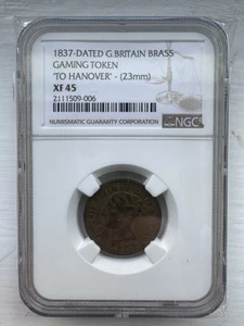 Great Britain 1837 NGC XF 45 Brass ‘To Hanover’ Gaming Token Top Pop - Picture 1 of 2