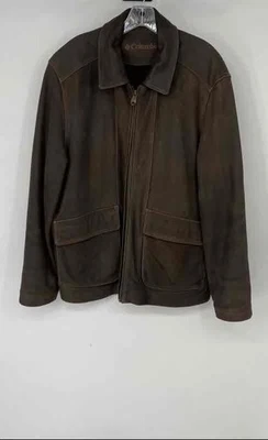 Chaqueta Columbia Para Hombres Cuero Marrón Manga Larga Cuello Cremallera Completa Talla Mediana Foto 1 de 4