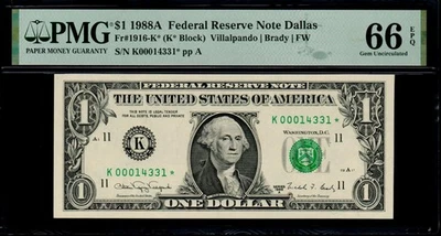 1988A $1 DALLAS STAR NOTE PMG 66 EPQ Fr 1916-K* K00014331* FW K/* Gem UNC - Image 1 of 3