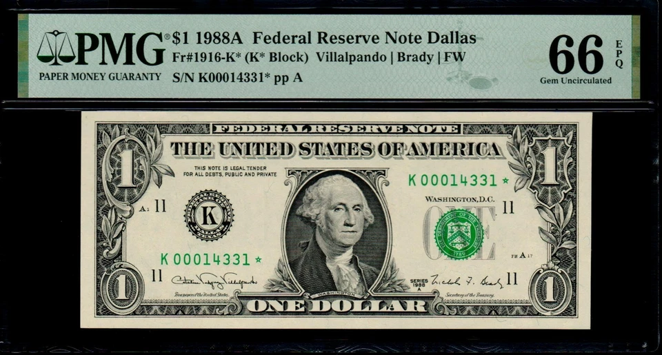 1988A $1 DALLAS STAR NOTE PMG 66 EPQ Fr 1916-K* K00014331* FW K/* Gem UNC - Image 1 of 3