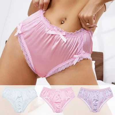 3Pack Lot Sexy Ladies Womens Satin Panties Briefs French Lace Underwear Lingerie - Image 1 of 4