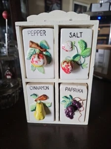 Vintage Japan 4 Spice Shakers, Raised 3D Fruit Design, With Wooden Rack - Picture 1 of 19