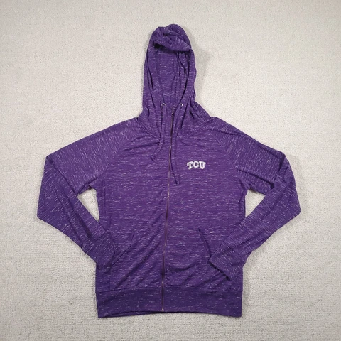 TCU Horned Frogs Sweatshirt Women's Medium Full Zip Purple Logo Drawstring Cover