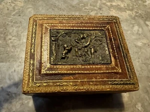 Vintage 19th Century French Trinket Box Leather with Wood Lining Metal scene - Picture 1 of 11