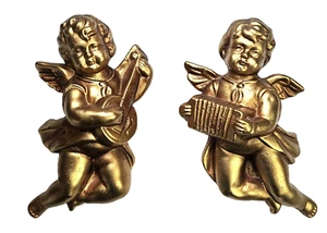 Pair Vintage 6.5" Gold Cherub Angel Wall Hangings Music Décor Banjo Accordion - Picture 1 of 3