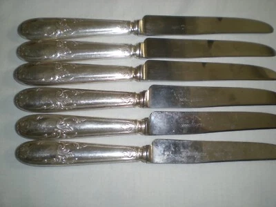 SIX GRANDS COUTEAUX DE TABLE EN ARGENTERIE BELLE QUALITE 2 POINCONS - Photo 1/2