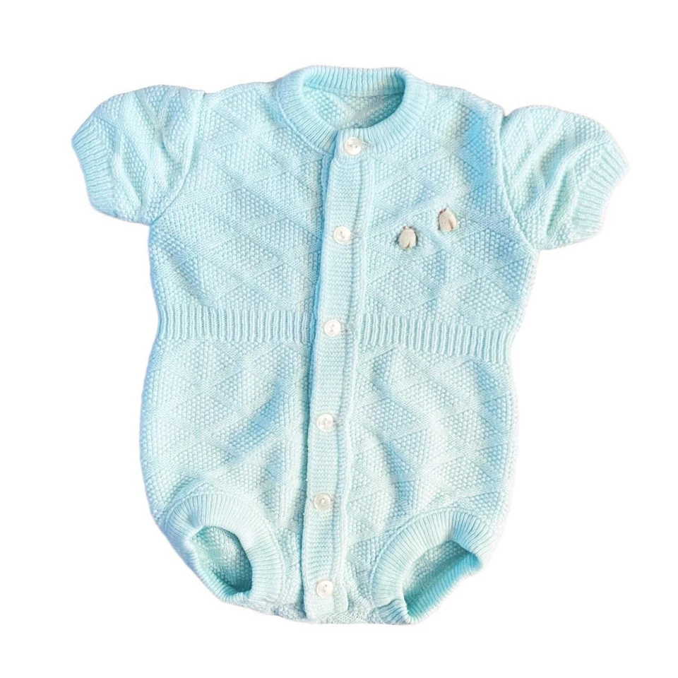 复古女宝宝 12-18 个月薄荷钩针编织女士虫子细节短连身裤 — 第 1/4 张图片