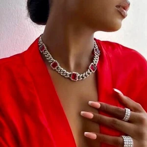 18k Platinum Filled Red Garnet & Simulated Diamond 12mm Cuban Chain Necklace - Picture 1 of 6