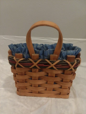 Hanging Basket - Hand Made Country Rustic Style With Blue Fabric Liner Cover