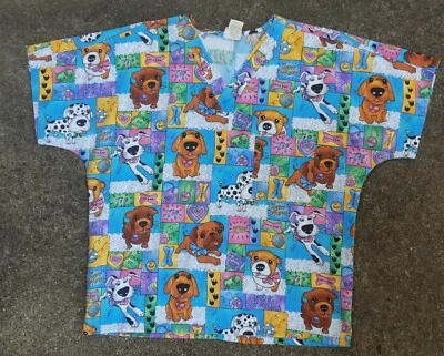 Womens  Scrub Top Animal Dog Nurse Uniform Medical Vet Size Medium Multi-Color  - Image 1 of 4