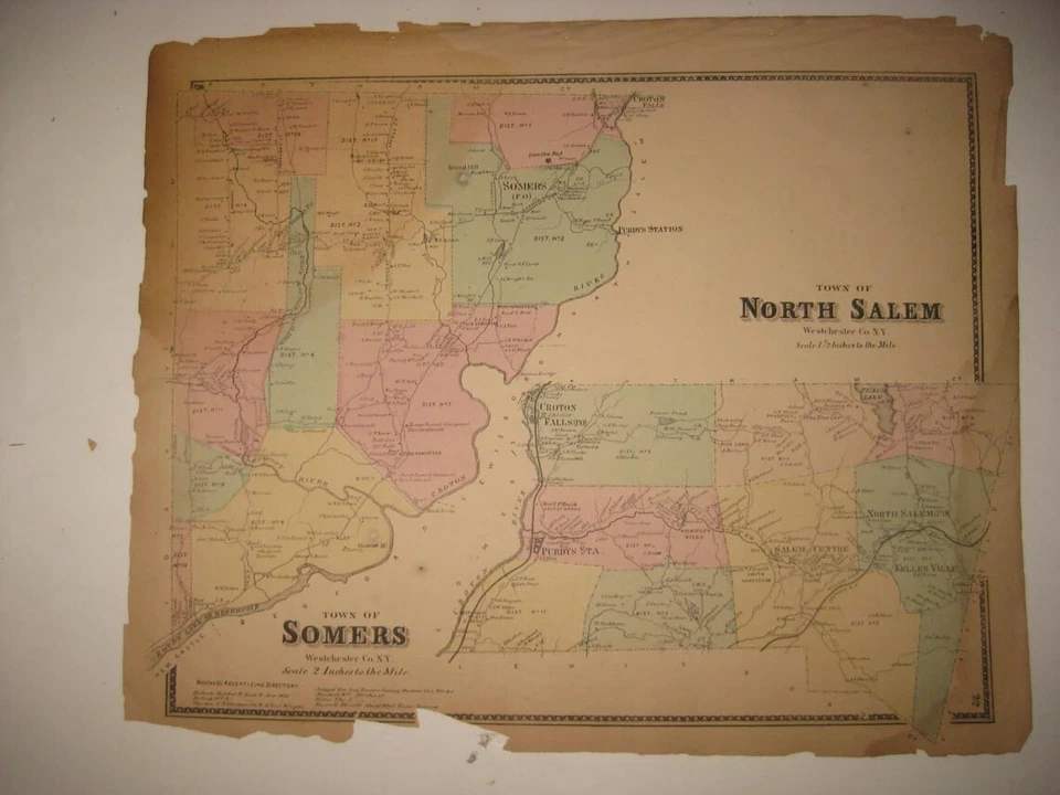 ANTIGUO MAPA A MANO DE 1867 SOMERS NORTH SALEM CROTON FALLS PUTNAM COUNTY NUEVA YORK Foto 1 de 1